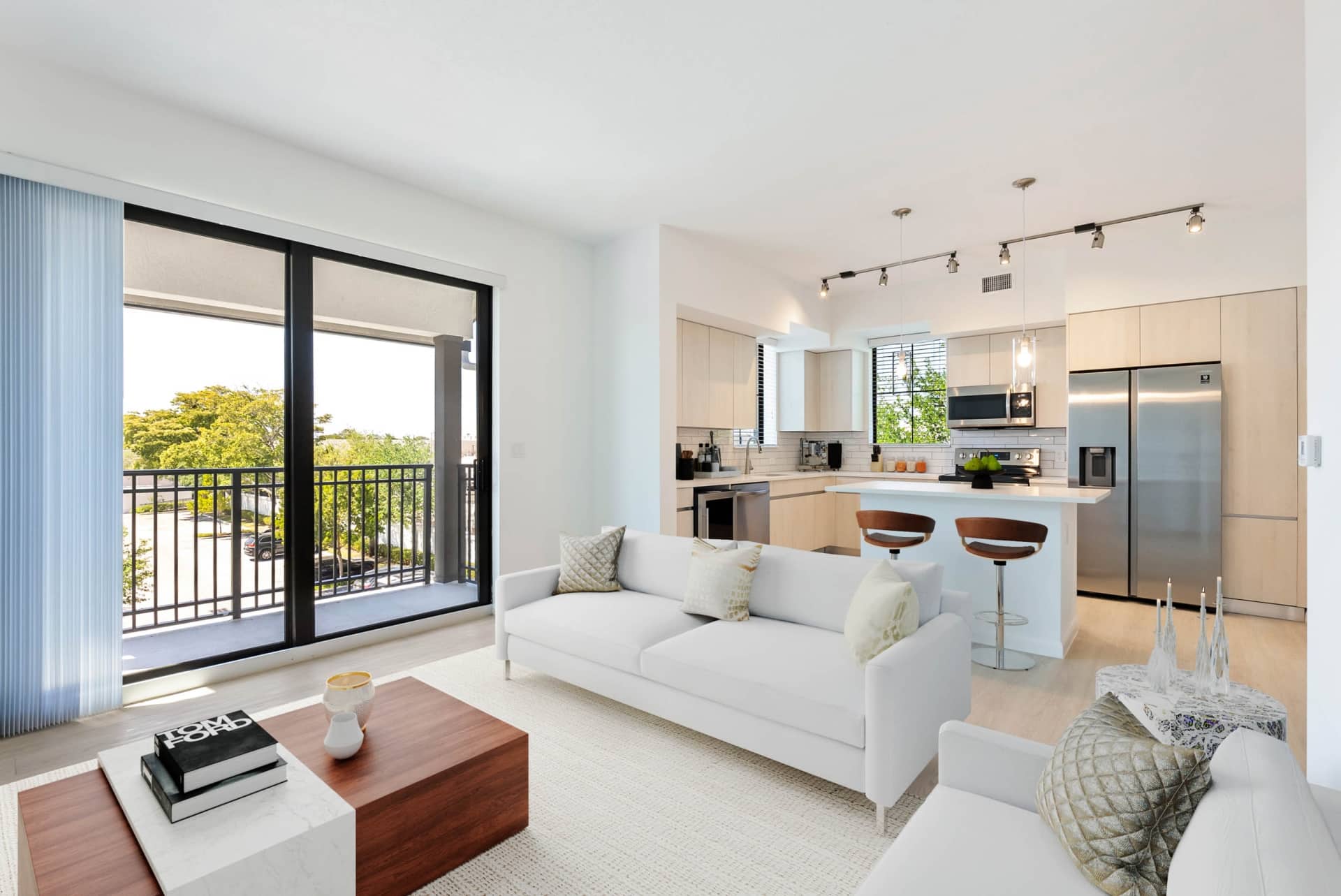 Furnished apartment home living room and kitchen at Casa Mara