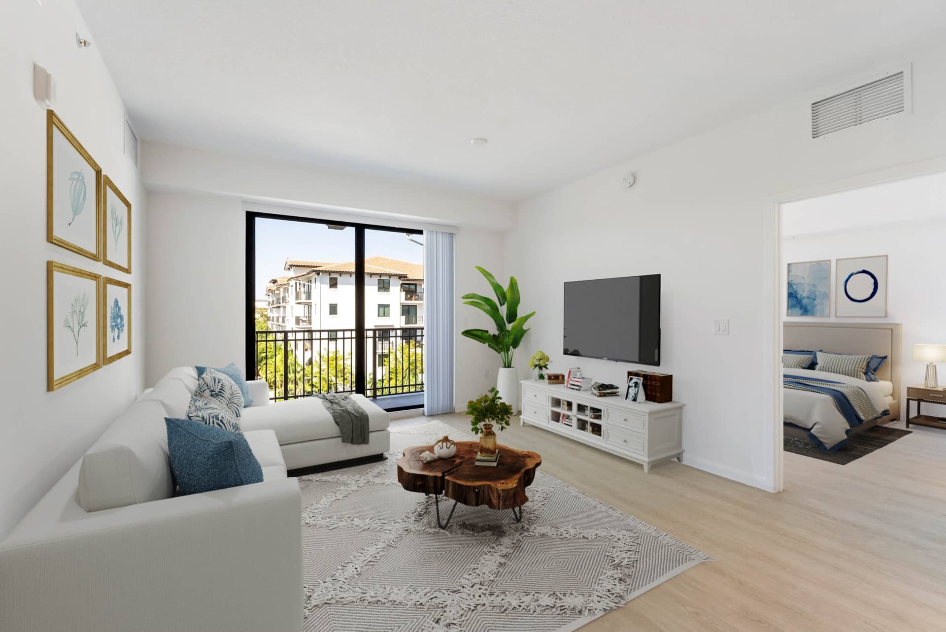 Modern apartment living rooms with access to an outdoor balcony at Casa Mara