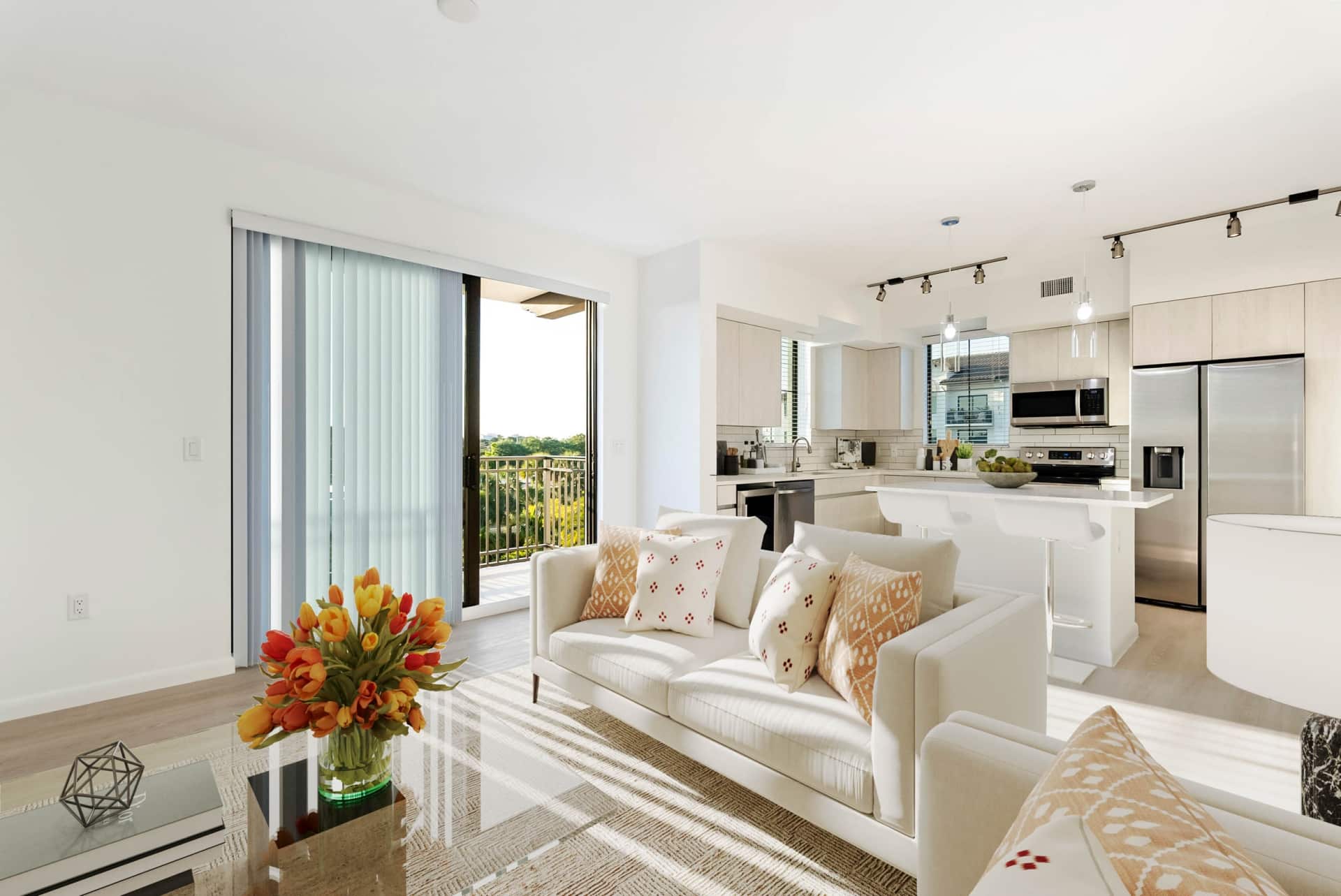 Open concept apartment floorplans with access to a private balcony inside homes at Casa Mara